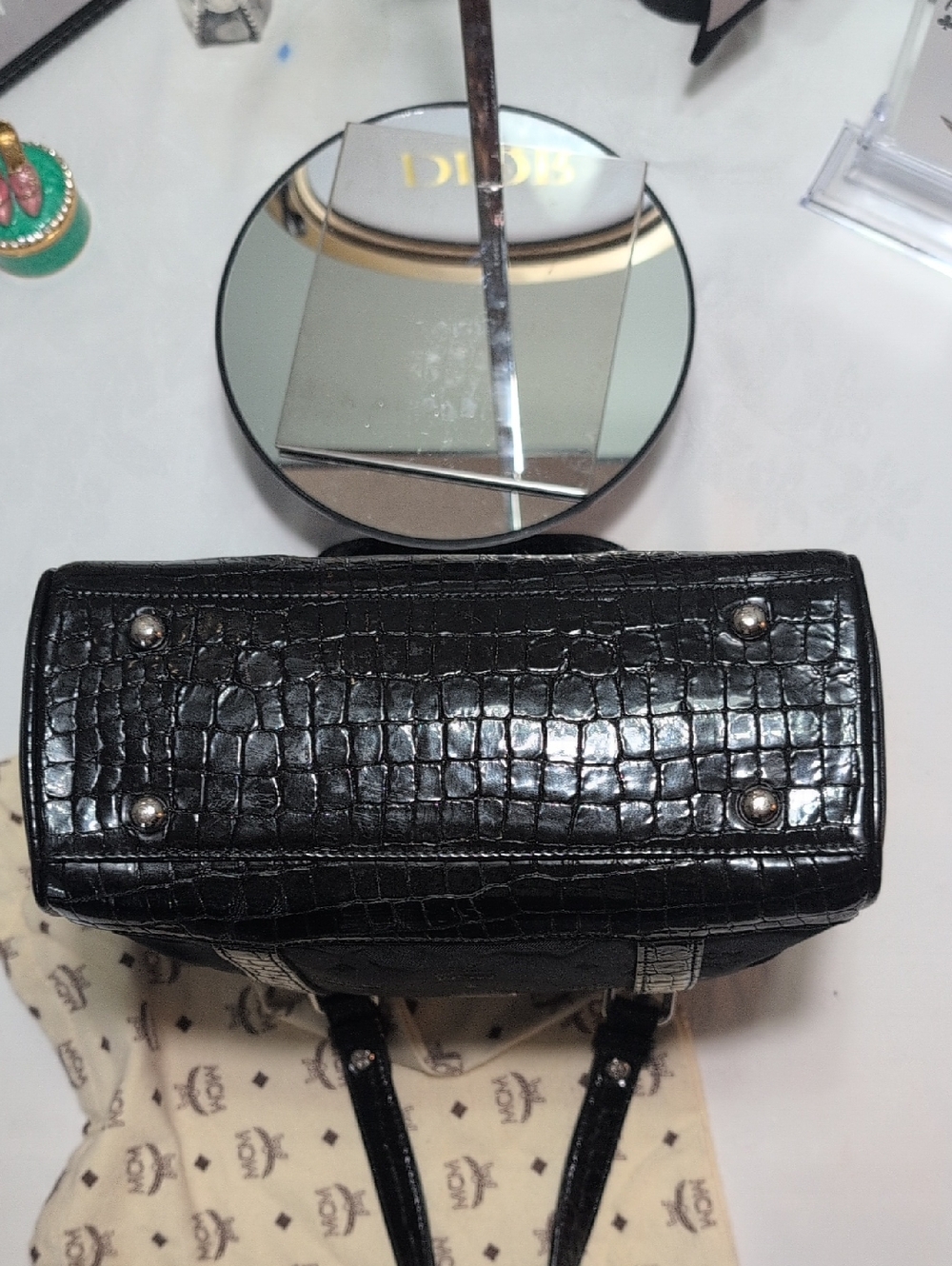 MCM Black Nylon Signature Monogram & Patent Leather Croc Embossed Trim Tote NEW - Picture 12 of 17